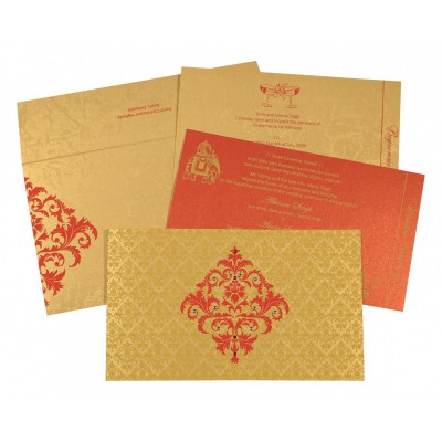 RED GOLD OFF-WHITE SHIMMERY DAMASK THEMED - SCREEN PRINTED WEDDING CARD : IN-8257C - IndianWeddingCards