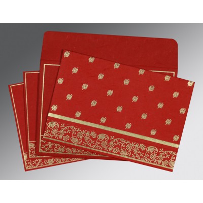 RED HANDMADE COTTON SCREEN PRINTED WEDDING CARD : I-8215C - IndianWeddingCards
