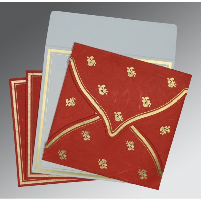 RED HANDMADE COTTON UNIQUE THEMED - SCREEN PRINTED WEDDING CARD : W-8203C - IndianWeddingCards