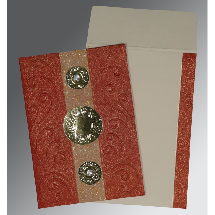 BRICK RED HANDMADE SHIMMER BOX THEMED - EMBOSSED WEDDING CARD : I-1389 - IndianWeddingCards