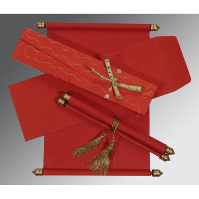 RED HANDMADE SILK WEDDING CARD : SC-5002B - IndianWeddingCards