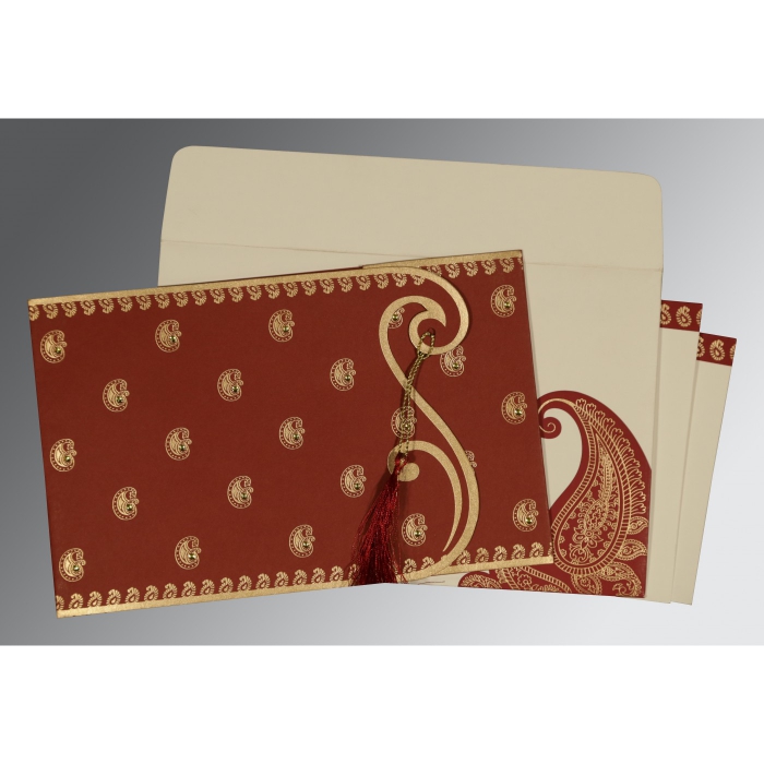 BRICK RED MATTE SCREEN PRINTED WEDDING INVITATION : I-8252A - IndianWeddingCards