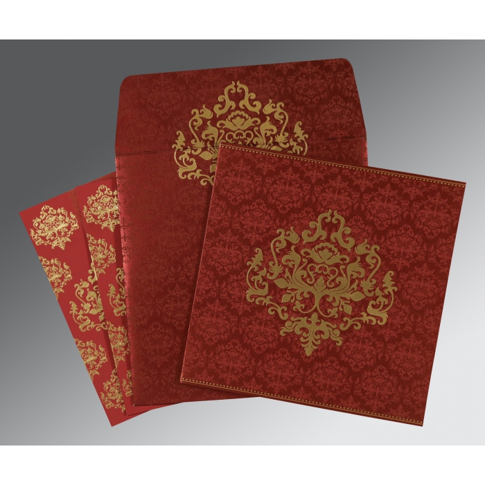 WINE RED SHIMMERY DAMASK THEMED - SCREEN PRINTED WEDDING CARD : I-8254B - IndianWeddingCards