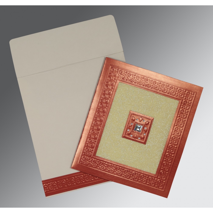 RED CREAM SHIMMERY EMBOSSED WEDDING INVITATION : I-1411 - IndianWeddingCards