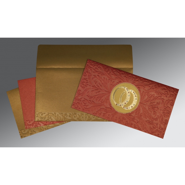 COPPER BRICK RED SHIMMERY FOIL STAMPED WEDDING CARD : W-1465 - IndianWeddingCards