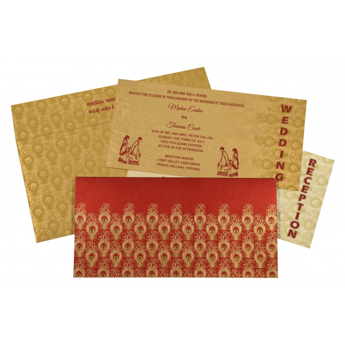Strong Red Shimmery Peacock Themed Screen Printed Wedding