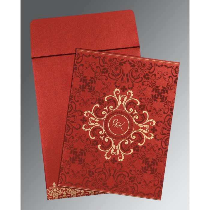 WINE RED SHIMMERY SCREEN PRINTED WEDDING CARD : IN-8244E - IndianWeddingCards