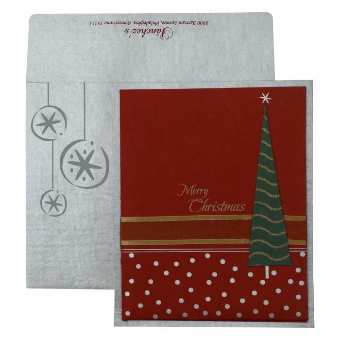 RED SILVER HANDMADE SHIMMER DAMASK THEMED - SCREEN PRINTED HOLIDAY CARDS : H-862 - IndianWeddingCards