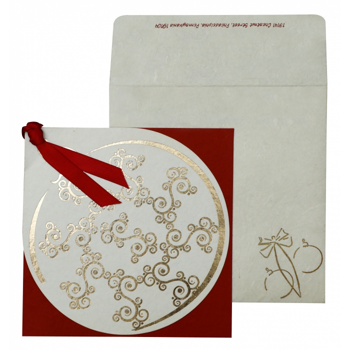 RED WHITE HANDMADE COTTON FLORAL THEMED - FOIL STAMPED HOLIDAY CARDS : H-853 - IndianWeddingCards