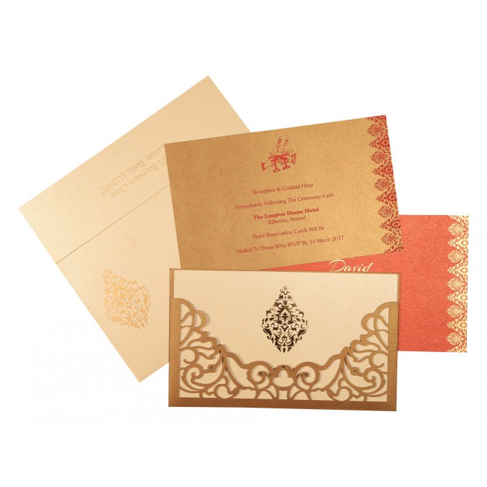 GOLD SHIMMERY DAMASK THEMED - LASER CUT WEDDING CARD : IN-8262D - IndianWeddingCards