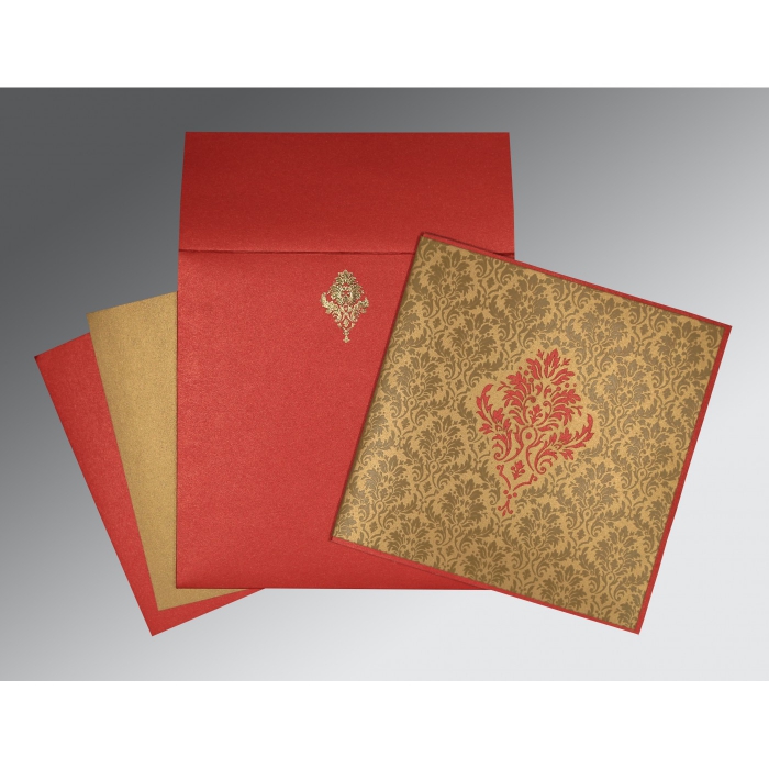 RED GOLD SHIMMERY DAMASK THEMED - LASER CUT WEDDING INVITATION : S-1494 - IndianWeddingCards