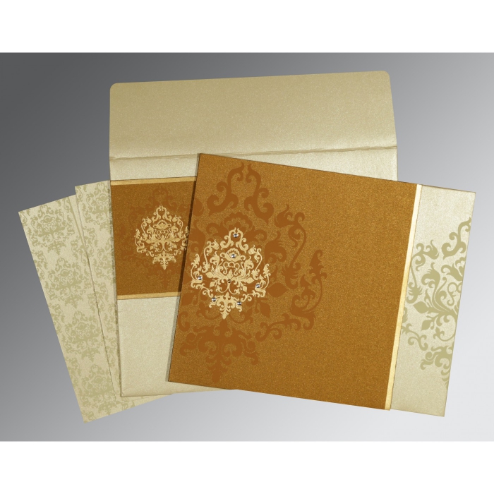 MUSTARD YELLOW SHIMMERY DAMASK THEMED - SCREEN PRINTED WEDDING CARD : IN-8253G - IndianWeddingCards