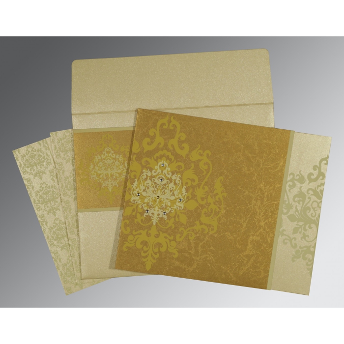 GOLD SHIMMERY DAMASK THEMED - SCREEN PRINTED WEDDING CARD : IN-8253H - IndianWeddingCards