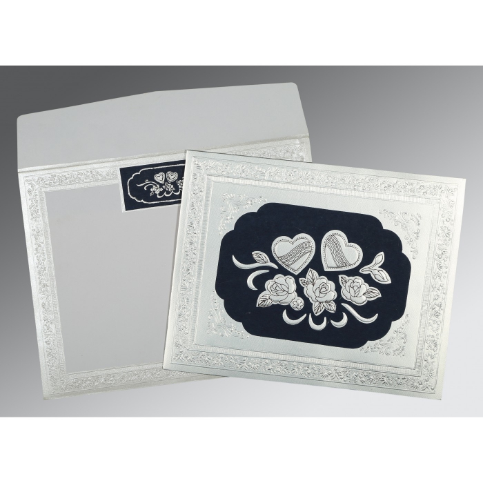 BLUE SILVER SHIMMERY FLORAL THEMED - EMBOSSED WEDDING INVITATION : W-1325 - IndianWeddingCards