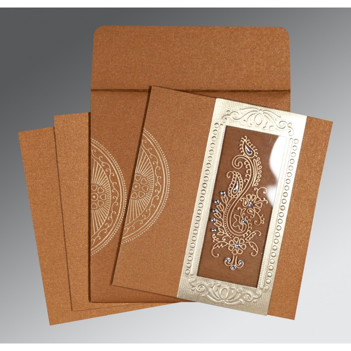 COPPER SHIMMERY FOIL STAMPED WEDDING INVITATION : IN-8230Q - IndianWeddingCards