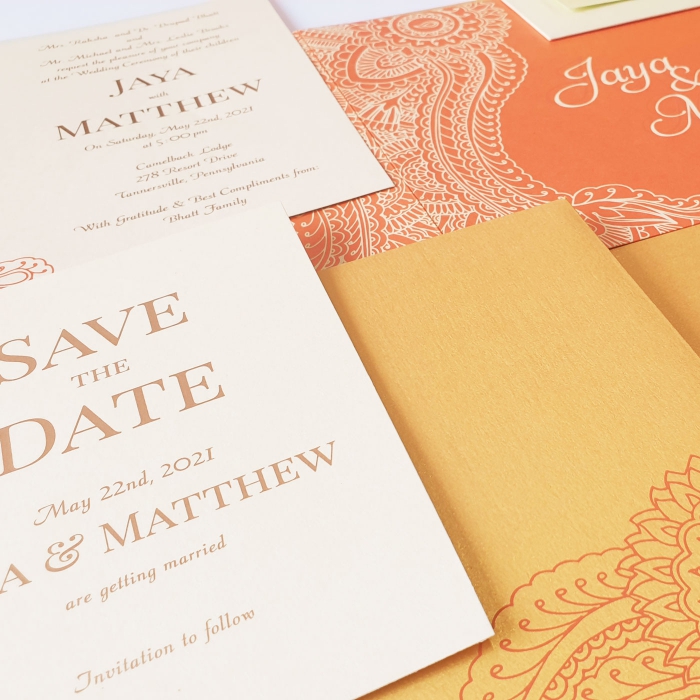  SHIMMERY SCREEN PRINTED WEDDING INVITATION : CATOMIC-TANGERINE - IndianWeddingCards