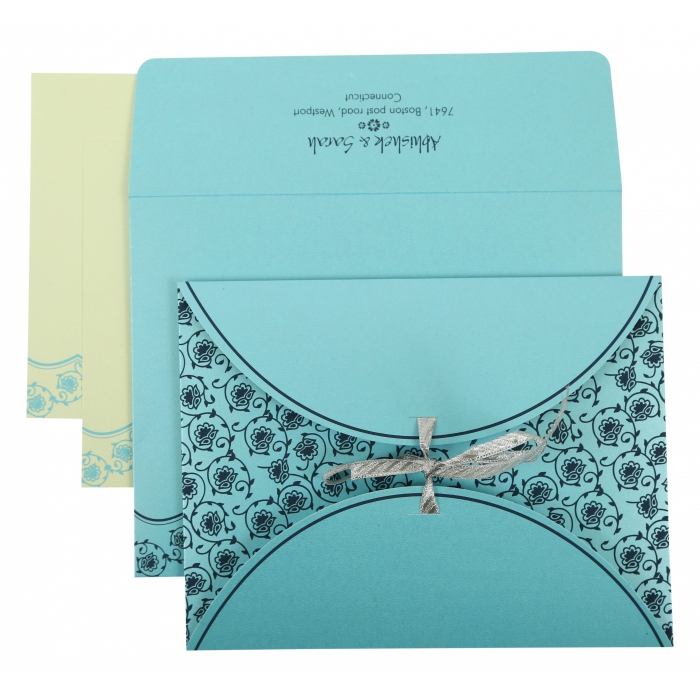 TURQUOISE SHIMMERY BUTTERFLY THEMED - SCREEN PRINTED WEDDING INVITATION : W-821B - IndianWeddingCards
