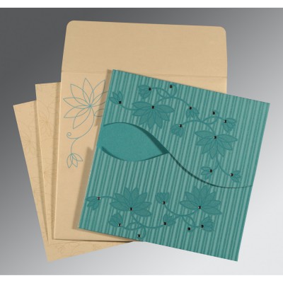 TURQUOISE SHIMMERY FLORAL THEMED - SCREEN PRINTED WEDDING INVITATION : W-8251A - IndianWeddingCards
