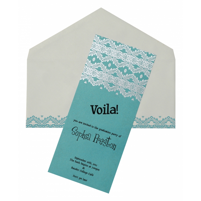 TURQUOISE SHIMMERY FOIL STAMPED PARTY CARDS : PY-893 - IndianWeddingCards