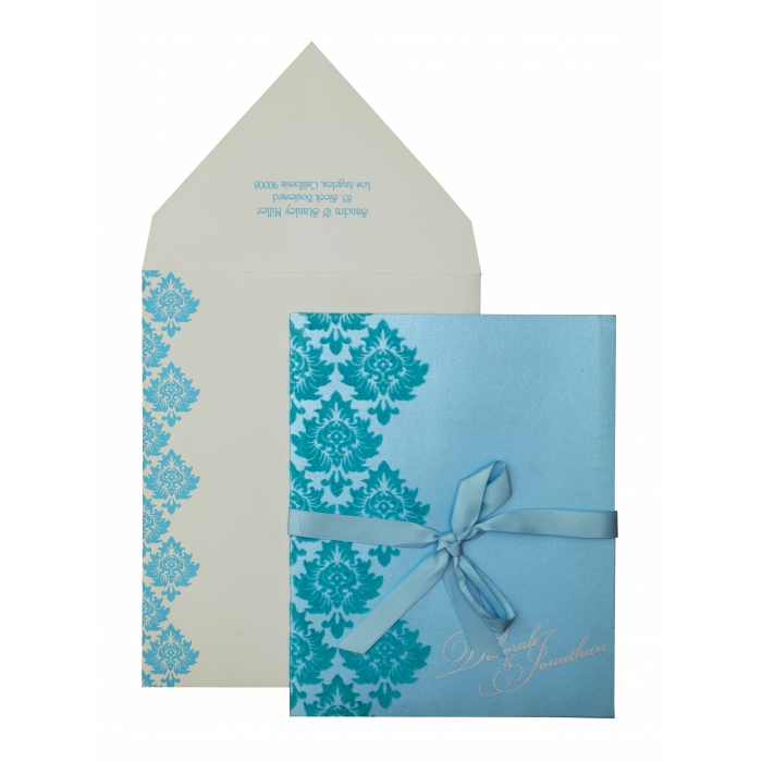 TURQUOISE SHIMMERY SCREEN PRINTED WEDDING INVITATION : W-835 - IndianWeddingCards