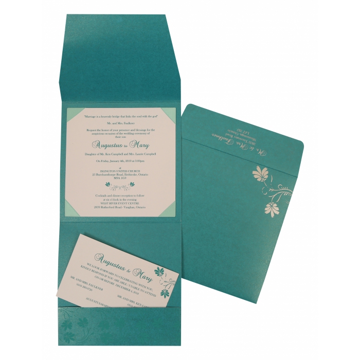 TURQUOISE SHIMMERY SCREEN PRINTED WEDDING INVITATION : I-803A - IndianWeddingCards