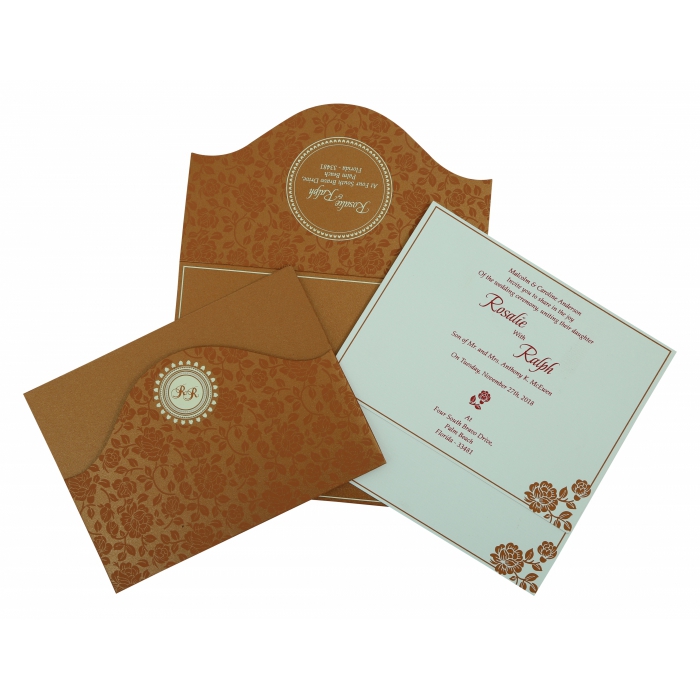 COPPER SHIMMERY FLORAL THEMED - SCREEN PRINTED WEDDING INVITATION : IN-802E - IndianWeddingCards