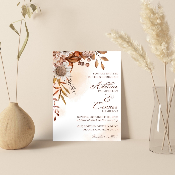 WHITE HANDMADE COTTON FLORAL THEMED WEDDING INVITATION : AUTUMN-FALL - IndianWeddingCards