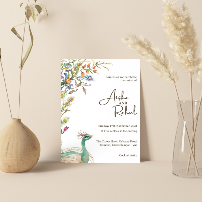 WHITE HANDMADE COTTON PEACOCK THEMED WEDDING INVITATION : PEACOCK-GREEN - IndianWeddingCards