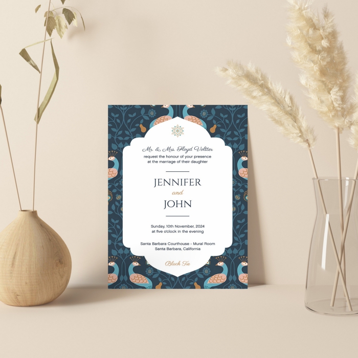 WHITE MATTE PEACOCK THEMED WEDDING INVITATION : INDIAN-STYLE - IndianWeddingCards