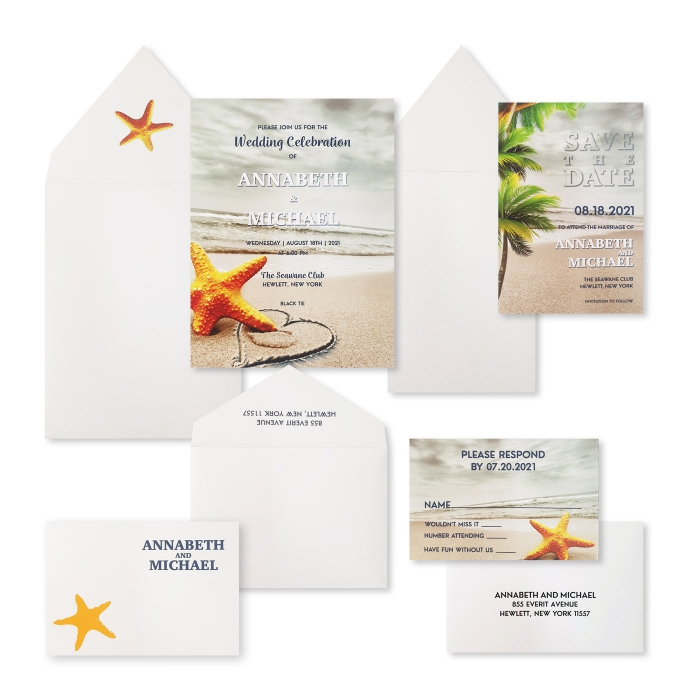 WHITE MATTE SCREEN PRINTED WEDDING INVITATION : NAUTICAL-STARFISH - IndianWeddingCards