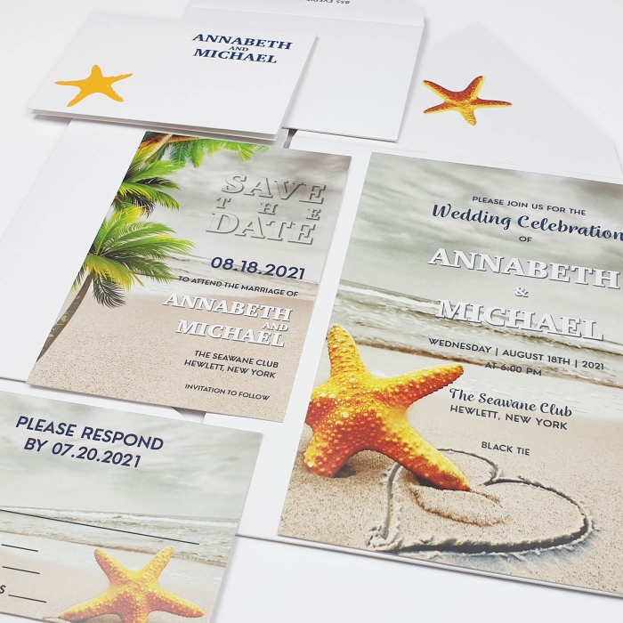 WHITE MATTE SCREEN PRINTED WEDDING INVITATION : CNAUTICAL-STARFISH - IndianWeddingCards