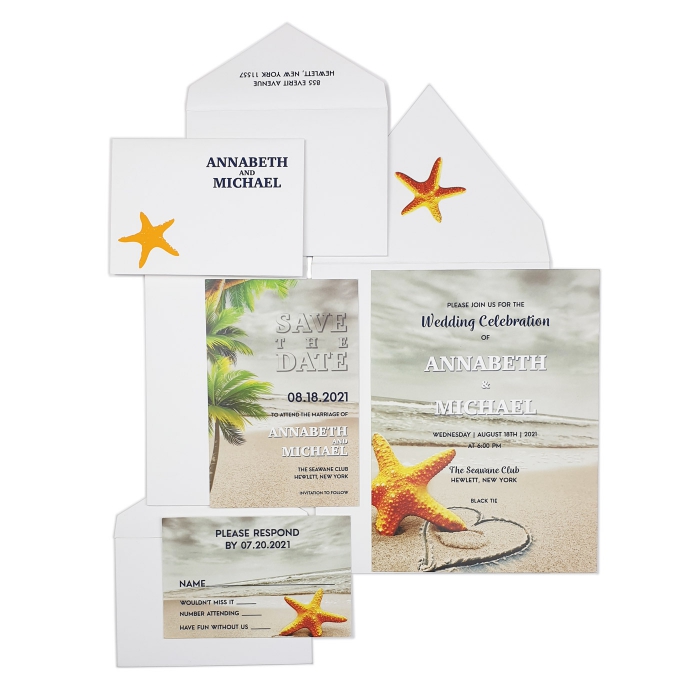 WHITE MATTE SCREEN PRINTED WEDDING INVITATION : CNAUTICAL-STARFISH - IndianWeddingCards