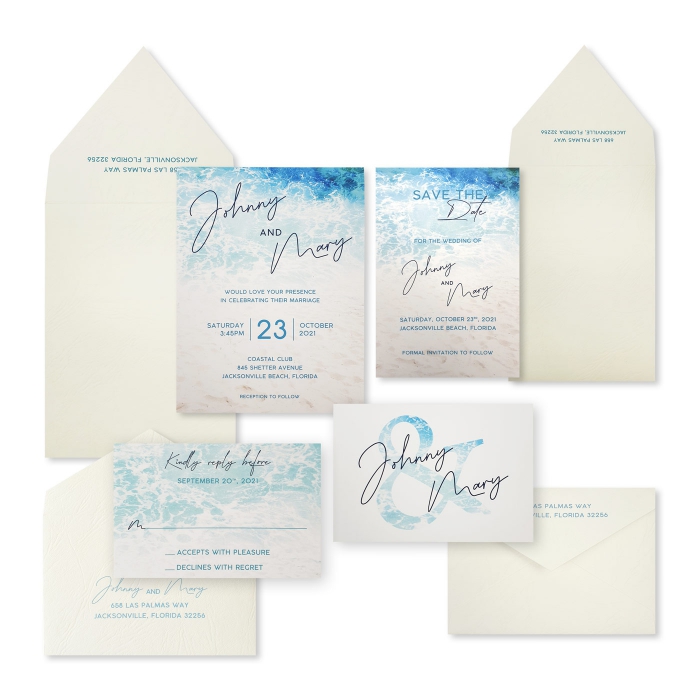 WHITE MATTE SCREEN PRINTED WEDDING INVITATION : OCEAN-SPRAY - IndianWeddingCards