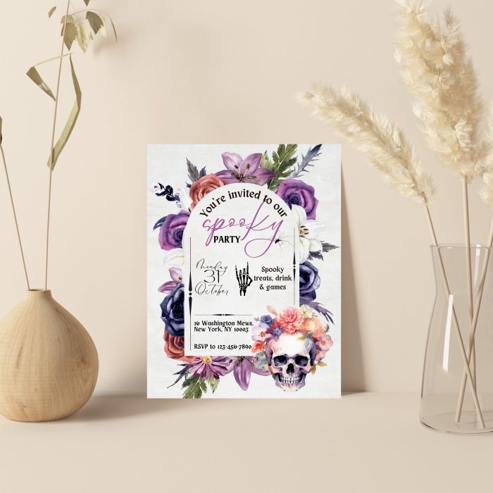 WHITE MATTE WEDDING INVITATION : BLOOMING-SKULL - IndianWeddingCards