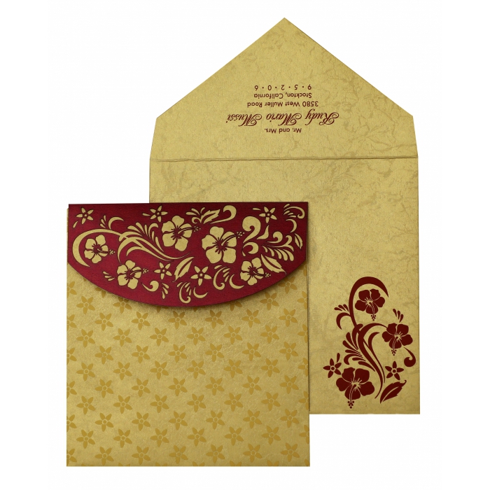 WINE RED SHIMMERY FLORAL THEMED - LASER CUT WEDDING INVITATION : W-828 - IndianWeddingCards