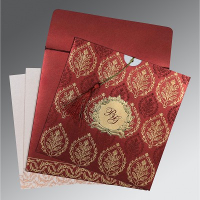 WINE RED SHIMMERY UNIQUE THEMED - FOIL STAMPED WEDDING CARD : W-8249L - IndianWeddingCards