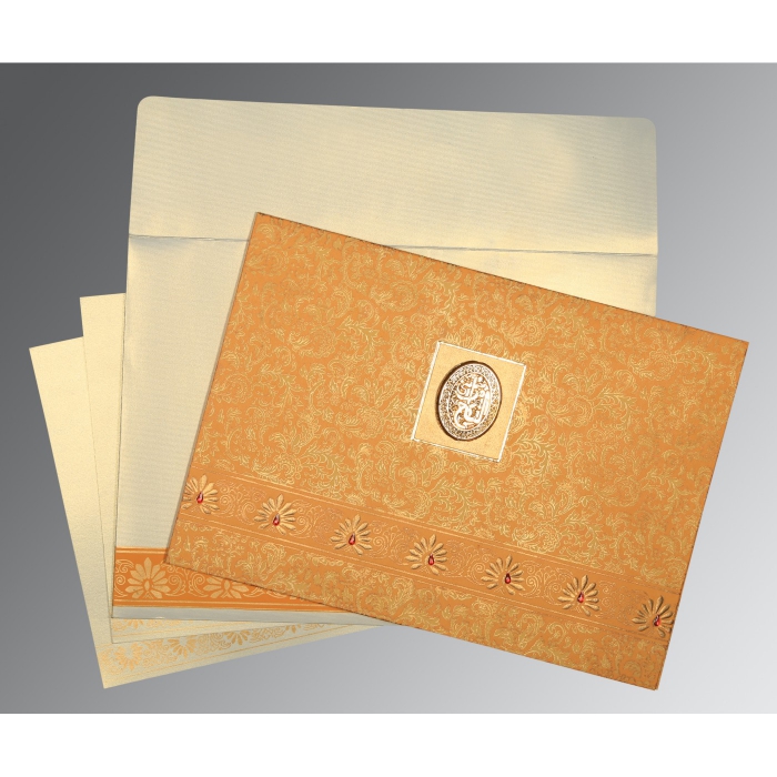 ORANGE MATTE EMBOSSED WEDDING INVITATION : I-1296 - IndianWeddingCards