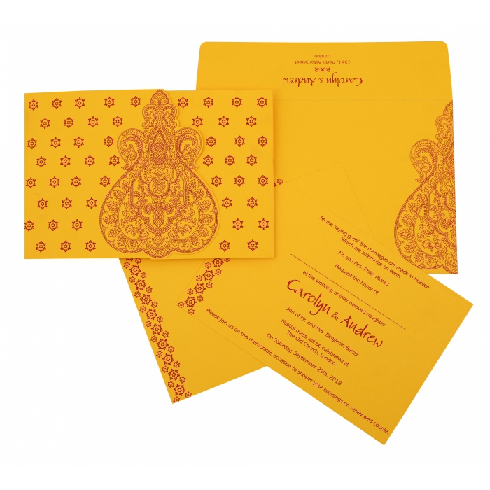 MUSTARD YELLOW SCREEN PRINTED WEDDING INVITATION : W-801A - IndianWeddingCards