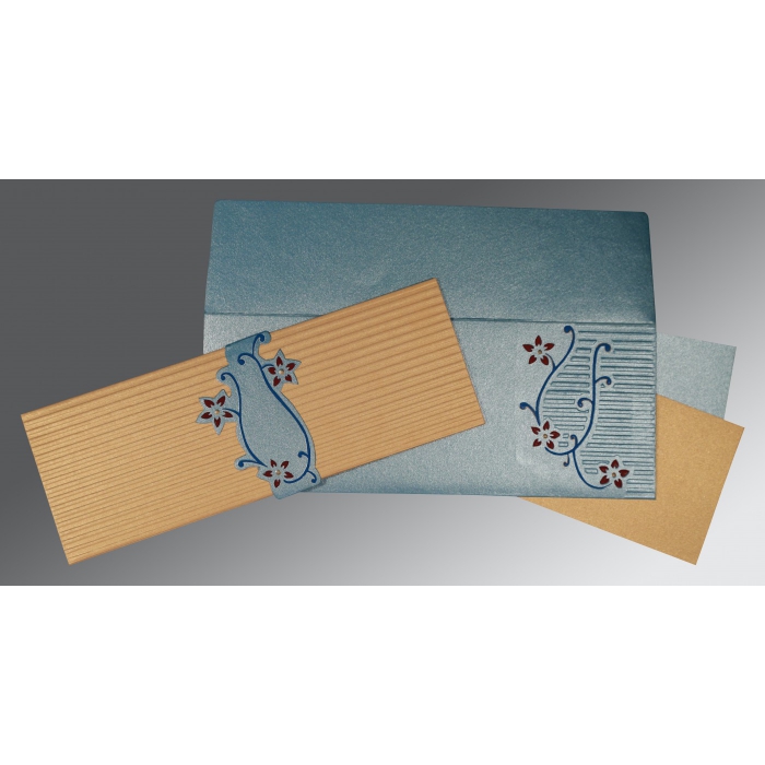 GOLD SMOKE BLUE SHIMMERY EMBOSSED WEDDING INVITATION : I-1400 - IndianWeddingCards