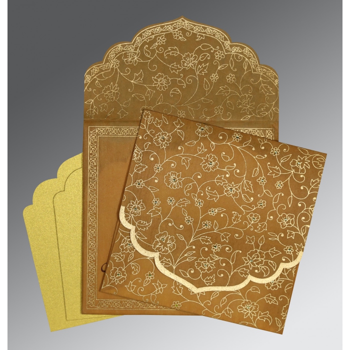 SATIN GOLD WOOLY FLORAL THEMED - SCREEN PRINTED WEDDING INVITATION : IN-8211E - IndianWeddingCards
