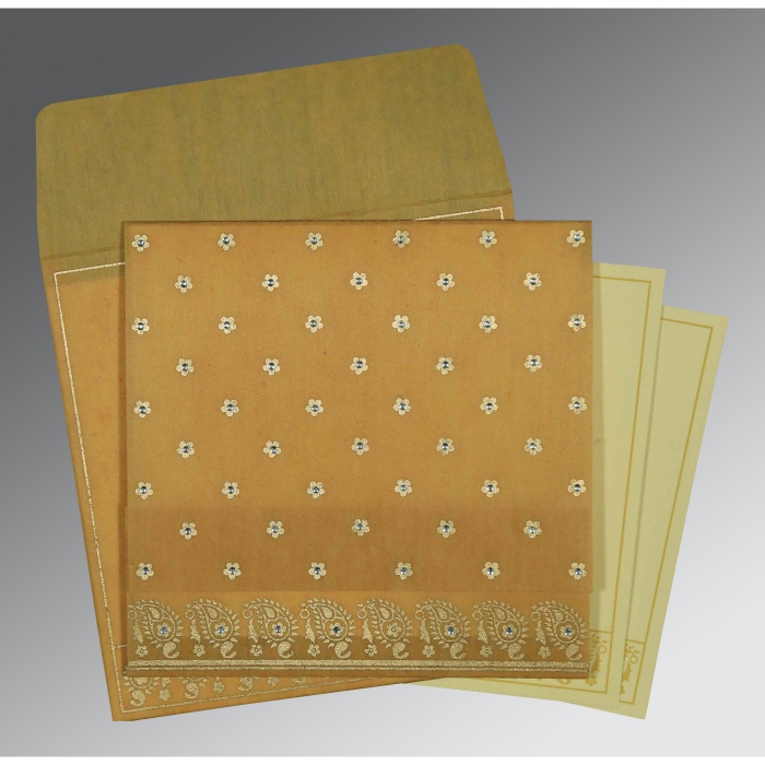 SATIN GOLD WOOLY FLORAL THEMED - SCREEN PRINTED WEDDING CARD : IN-8218N - IndianWeddingCards