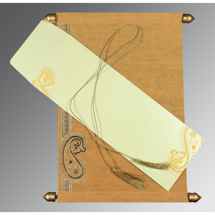 YELLOW WOOLY FOIL STAMPED WEDDING CARD : SC-5015M - IndianWeddingCards