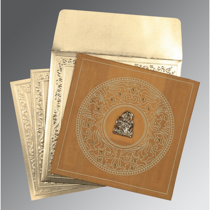 BURNT ORANGE WOOLY SCREEN PRINTED WEDDING CARD : G-8214A - IndianWeddingCards