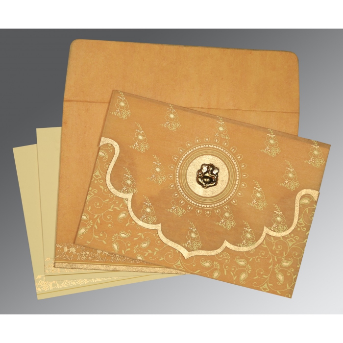 EARTH YELLOW WOOLY SCREEN PRINTED WEDDING INVITATION : IN-8207F - IndianWeddingCards