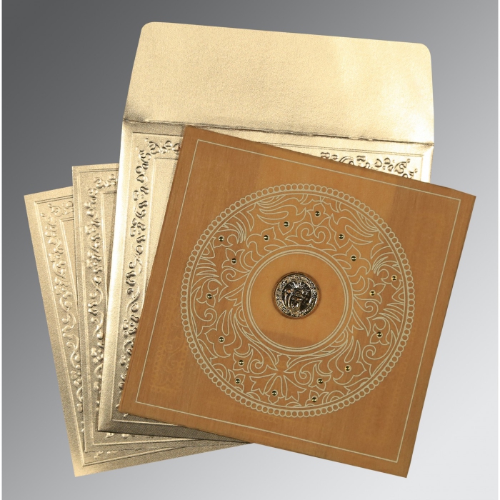 BURNT ORANGE WOOLY SCREEN PRINTED WEDDING CARD : RU-8214A - IndianWeddingCards