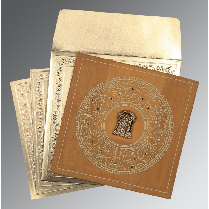 BURNT ORANGE WOOLY SCREEN PRINTED WEDDING CARD : SO-8214A - IndianWeddingCards