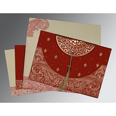 FALU RED HANDMADE COTTON EMBOSSED WEDDING CARD : CCW-8234L